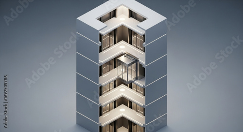 Modern building elevator shaft design with glass elevator car architecture and engineering concept illustration