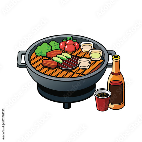 Authentic korean bbq grill set featuring meats sauces and fresh lettuce for culinary delight