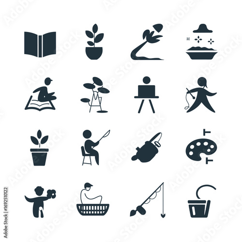 Collection of 12 hobby icons representing diverse leisure activities and pastimes silhouette vector illustration white background