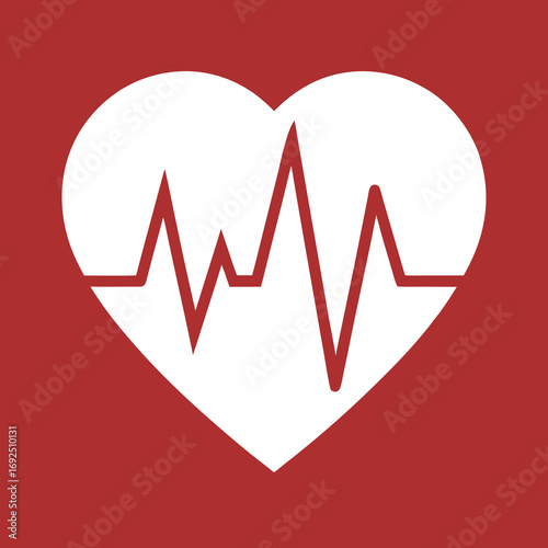 White heart shape with red electrocardiogram line isolated on red background