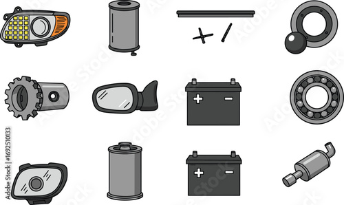 Automotive parts vector illustration, including car battery, mirror, gears, bearings, muffler, filters, bolts, mechanical components, for garage, repair, or industry