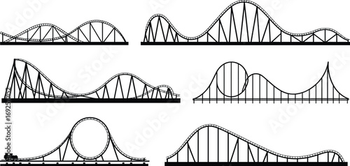 Roller coaster silhouettes with loops and hills, amusement park rides, thrilling attractions, outdoor fun, adrenaline rush, carnival entertainment, fairground excitement, family adventure