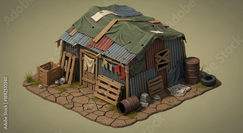 Isometric shack slum hut dwelling poor house poverty shelter dilapidated home corrugated iron survivalist scene