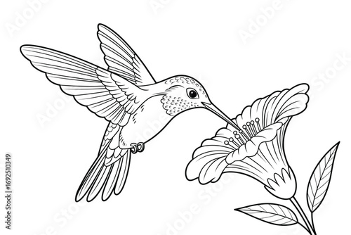 Detailed black line art hummingbird feeding on a flower nature sketch silhouette vector illustration white background