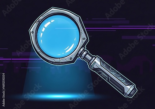 Conceptual illustration of a futuristic magnifying glass representing digital search, data analysis, and cyber investigation on a high-tech background