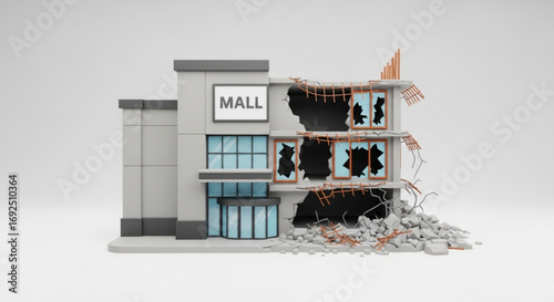 Damaged shopping mall building illustration after disaster with broken windows and destroyed structure design