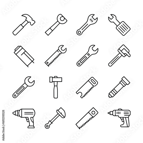 Collection of hand-drawn tool icons for construction and repair projects silhouette vector illustration white background
