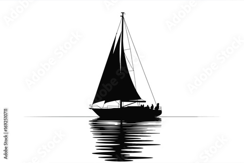 Elegant silhouette of a sailing boat on calm water reflection graphic silhouette vector illustration white background