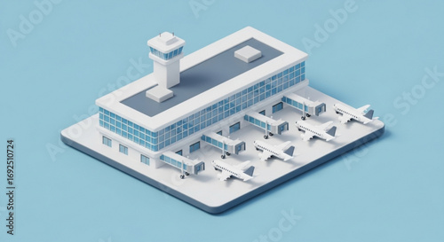 Isometric airport terminal building with control tower and airplanes for travel and transportation design concept