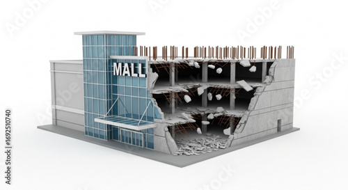 Damaged mall building collapse urban decay demolition retail structure architecture disaster reconstruction concept