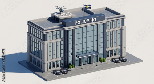 Police headquarters building illustration with police cars and helicopter on top of the police station building