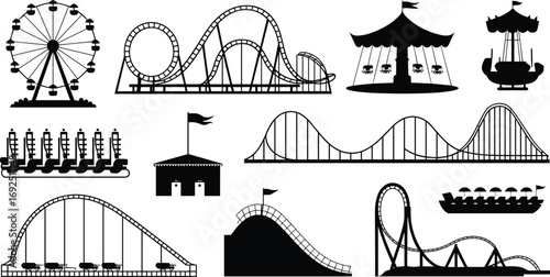 Silhouette collection of amusement park rides, roller coasters, ferris wheel, carousel, swings, boats, entertainment, fun, adventure, vacation, family, theme park, thrill, outdoor activities