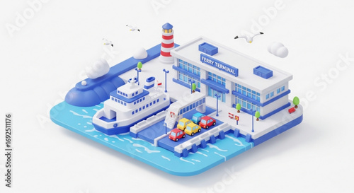 Isometric ferry terminal illustration with ferry boat cars lighthouse and seagulls travel and transportation scene