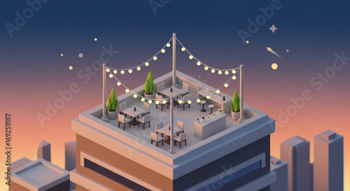Rooftop restaurant dining experience with city views and ambient lighting for a romantic evening out