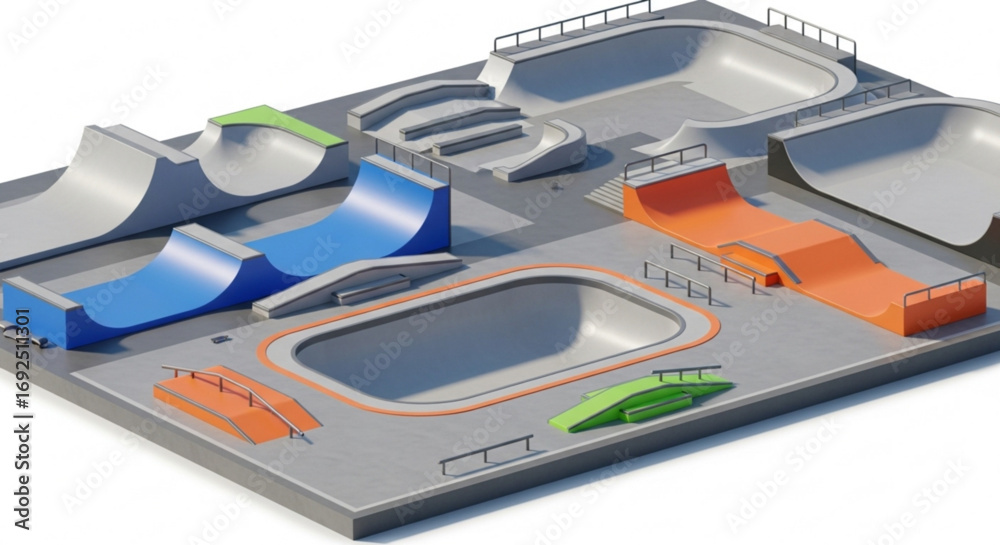 Fototapeta premium Skatepark design with ramps rails and bowls for skateboarding and bmx freestyle sports complex layout plan