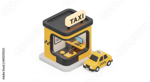 Isometric taxi stand illustration with yellow cab for transportation service and urban city travel concept