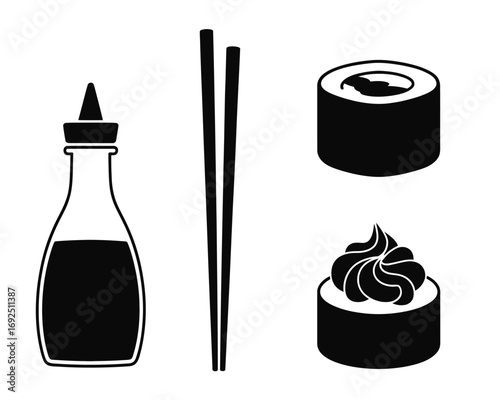 Minimalist silhouettes of sushi chopsticks soy sauce bottle and maki rolls silhouette vector illustration white background