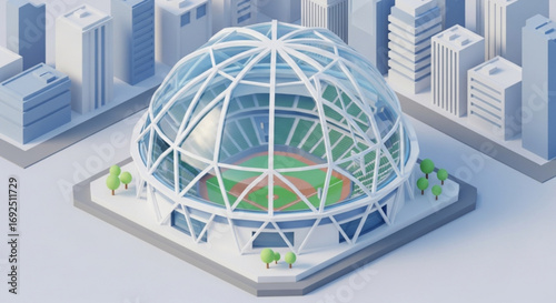 Isometric baseball stadium dome arena sports architecture building design city skyline urban landscape
