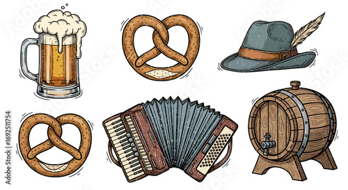 Illustration of beer mug, pretzels, hat, accordion, and wooden barrel