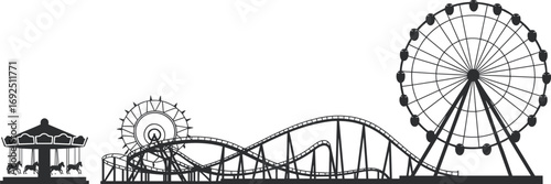 Silhouette amusement park rides including roller coaster, ferris wheel, carousel horses, and thrill rides, fun carnival entertainment, festival attractions