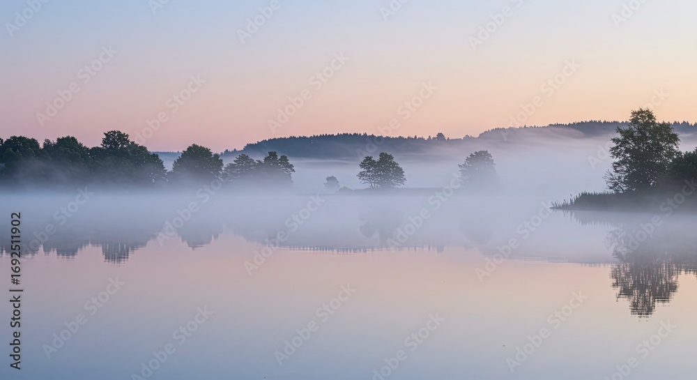Fototapeta premium Misty Sunrise over a Still Lake, Silhouetted Trees Reflected