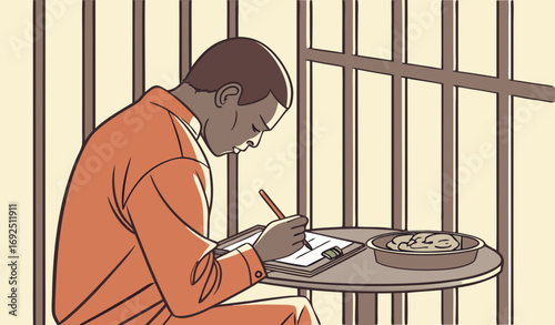 A prisoner in orange jumpsuit sitting at a small metal table inside a cell, writing a letter with a pencil on lined paper, with a steel tray of food nearby. The scene captures loneliness, emotion, and