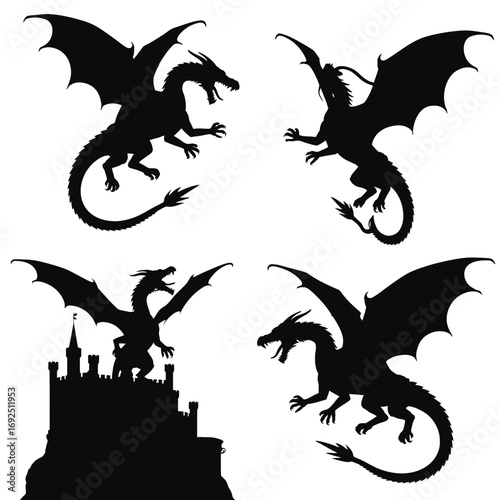 Majestic dragon silhouettes four epic poses fantasy creatures mythological beasts artwork silhouette vector illustration white background