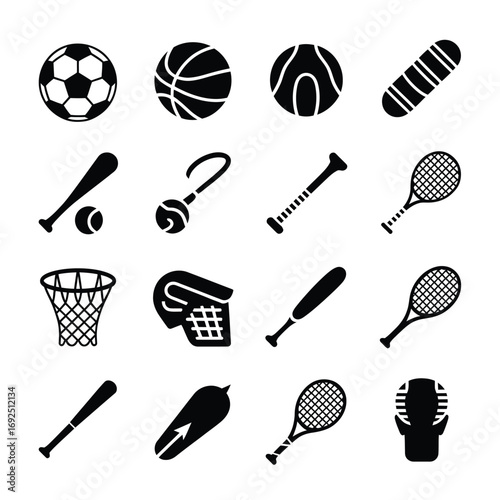 Diverse sports equipment icons set for athletic activities and fitness design projects silhouette vector illustration white background