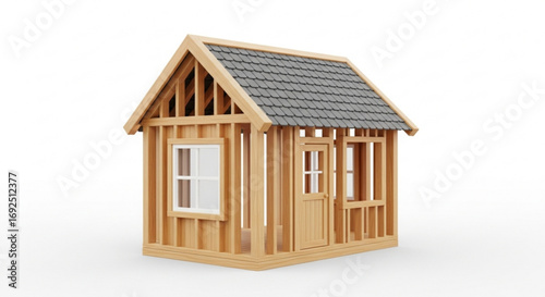 House construction framing project design and build wooden structure with roof and window door details