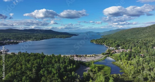 Lake George, New York, USA - August 26, 2025: Afternoon aerial summer video of the area surrounding the Lake George, NY,