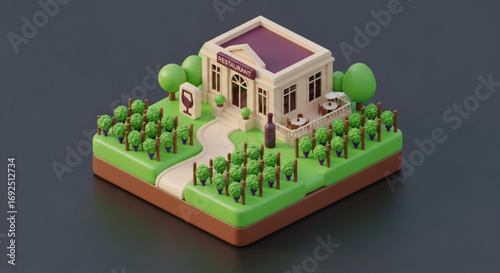 Isometric vineyard restaurant with wine bottle and glass sign for fine dining and wine tasting experience today