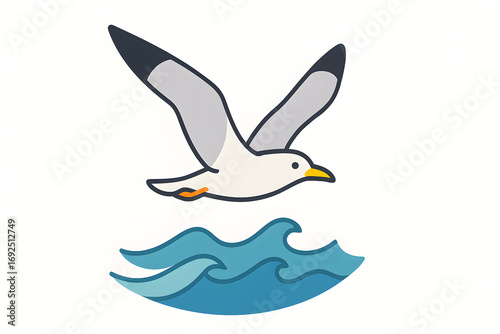Seagull flying above ocean waves vector illustration