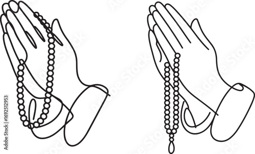Continuous line art of prayer hands holding tasbih beads abstract minimal Eid vector outline