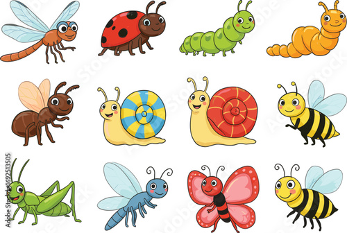 Cartoon insect vector set with cute bugs, snails, butterflies, bees, caterpillars, dragonflies, colorful insects, educational design for kids and children clipart