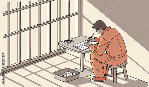 A prisoner in orange jumpsuit sitting at a small metal table inside a cell, writing a letter with a pencil on lined paper, with a steel tray of food nearby. The scene captures loneliness, emotion, and