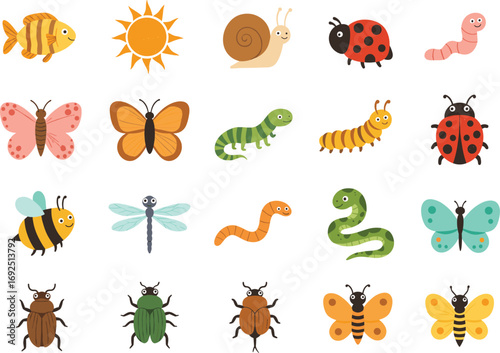 Cute colorful cartoon insects and animals vector set, butterflies, bees, caterpillars, worms, dragonflies, beetles, ladybugs, lizards, snails, sun, kids illustration