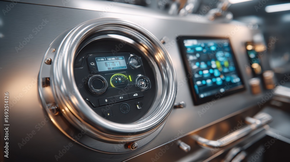 Fototapeta premium Medium shot capturing a secure temperaturemonitored vault containing delicate valuables with blurred digital control panels highlighting climate precision.