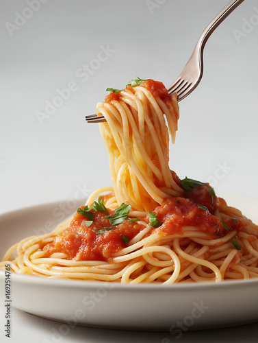 Close Up Of Spaghetti With Red Sauce And Fresh Herbs