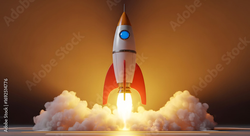 A retrostyle rocket blasting off into the night sky, emitting a bright orange flame and surrounded by billowing white smoke, symbolizing a powerful launch 
