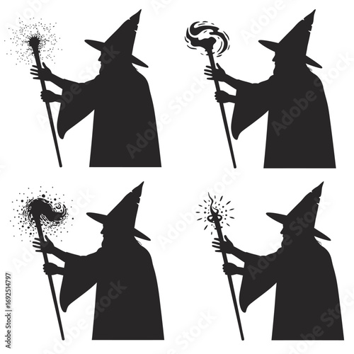 Silhouette of a wizard casting spells with glowing magical energy emanating from staffs four variations silhouette vector illustration white background