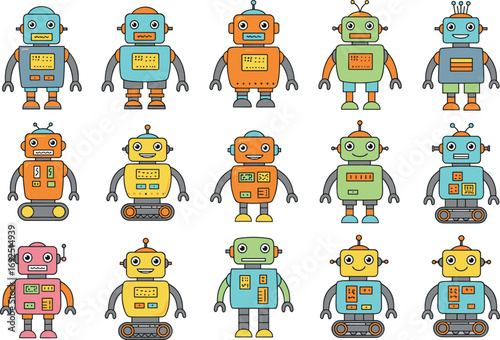 Colorful robot vector collection with cute cartoon characters, kids education, technology design, futuristic robots, mechanical toys, children clipart, digital innovation illustration