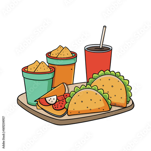 Vibrant mexican food illustration featuring tacos chips salsa and delicious dipping sauces