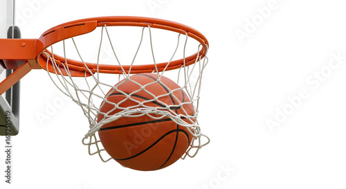 A basketball perfectly swishing through the net of a basketball hoop, captured in midair against a stark white background, symbolizing a successful shot and the thrill of the game