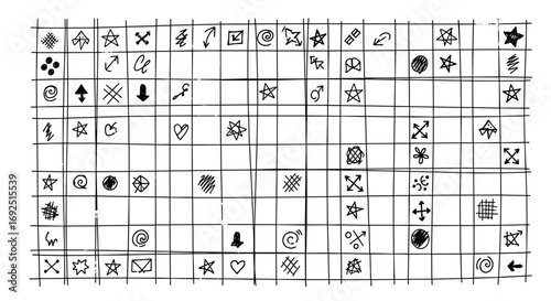 Grid of hand drawn sketches including stars hearts and arrow symbols