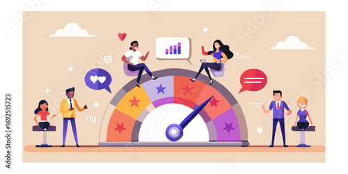 Diverse team members interacting around a customer satisfaction meter with feedback icons and charts