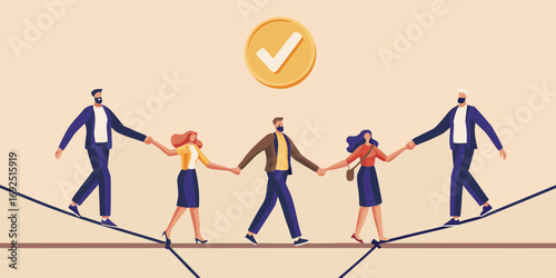 Diverse group of people holding hands walking across a tightrope with a checkmark coin above symbolizing success and teamwork