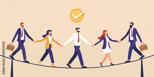 Diverse team of professionals holding hands walking a tightrope with a checkmark symbol above