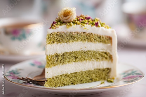 Delicious Slice of Pistachio Cake with Cream Layers.