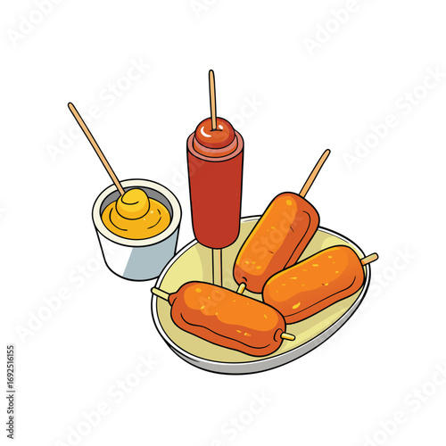 Playful illustration of mini corn dogs served with creamy mustard and tangy ketchup dipping sauces