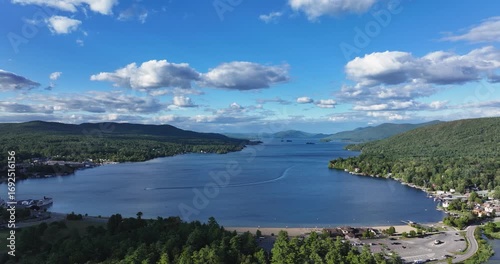 Lake George, New York, USA - August 26, 2025: Afternoon aerial summer video of the area surrounding the Lake George, NY,